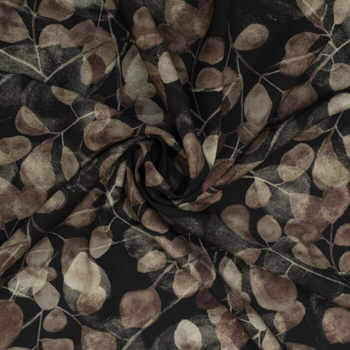Viskose Popeline Blätterdruck auf schwarz