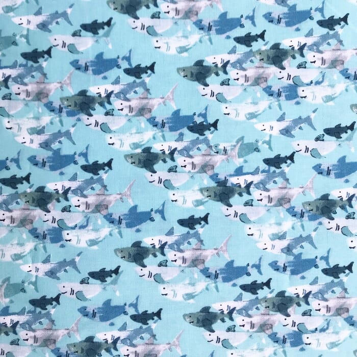 Baumwolle Popeline Haie blau und grau auf türkis