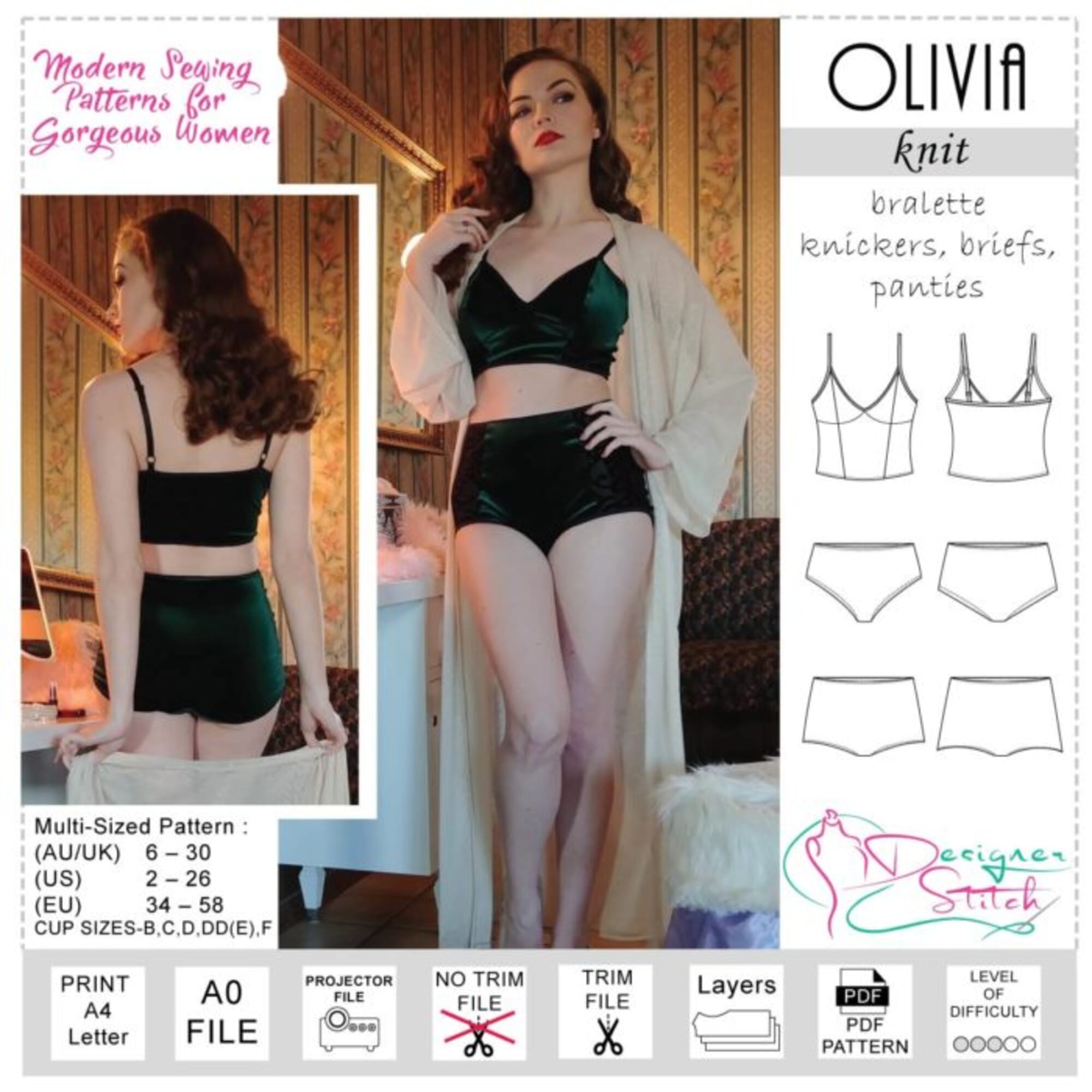 Olivia Bralette Knickers Briefs Panties Sewing Pattern (PDF